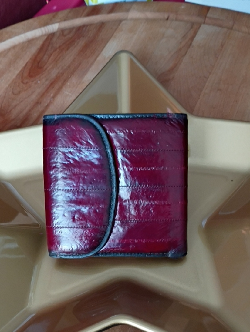 mundi Glossy Wine Red Eelskin Snap Wallet
